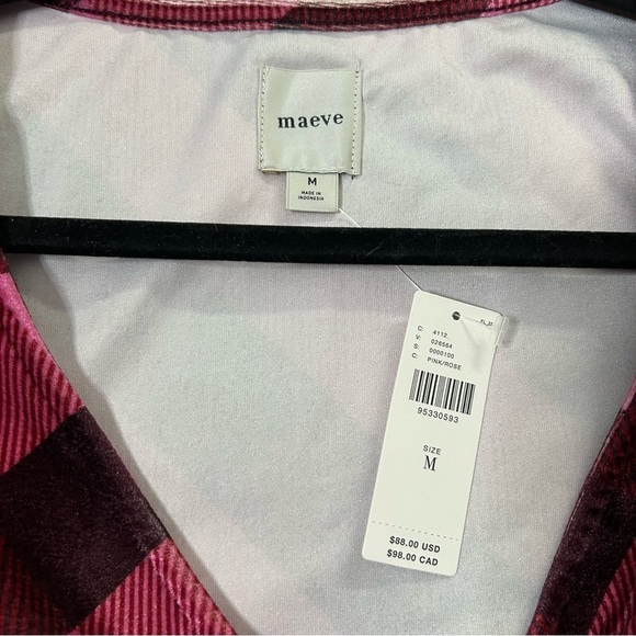 NWT Maeve Velvet Pink Maroon Plaid Puff Sleeve Top Low Cut Size Medium - Picture 5 of 12